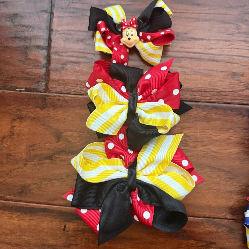 Boutique Hair Bow Mouse Polka Dot Striped Grosgrain Set of 7 Back to School